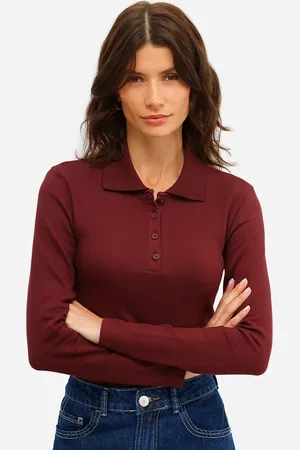 C&A Polo feminina de algodão manga longa canelada