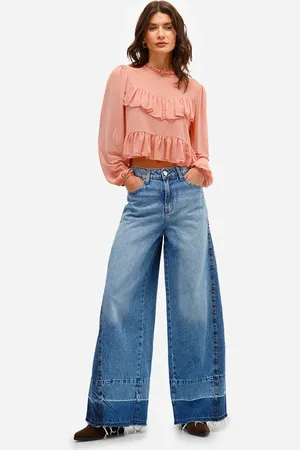 C&A Calça wide leg feminina jeans patchwork azul