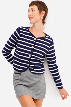 C&A Cardigan feminino de tricot listrado com bolsos azul
