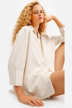 C&A Camisa feminina de viscose com linho manga longa bege