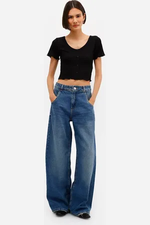 C&A Calça wide leg oversized jeans cintura média azul