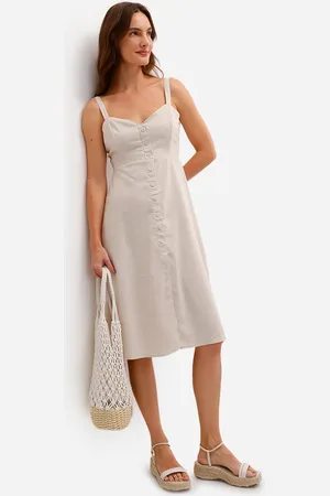 C&A Vestido midi feminino evasê com fenda e linho bege
