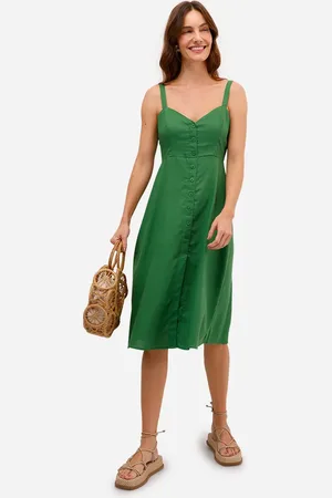 C&A Vestido midi feminino evasê com fenda e linho verde