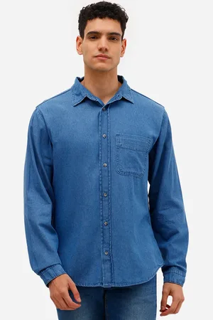 C&A Camisa jeans masculina manga longa com bolso azul