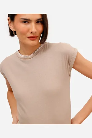 C&A Blusa feminina de viscose canelada ponto tricot bege