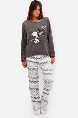 C&A Pijama longo feminino fleece com bordado snoopy cinza