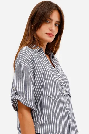C&A Camisa feminina com linho manga curta listrada azul