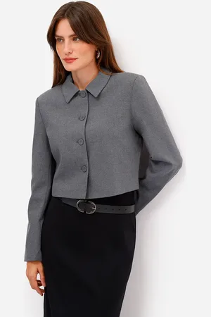 C&A Blazer cropped feminino de alfaiataria cinza