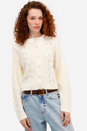 C&A Cardigan feminino de tricot texturizado com pérolas off white