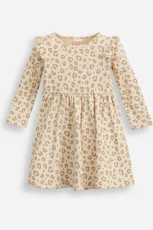 C&A Vestido infantil de algodão manga longa animal print bege