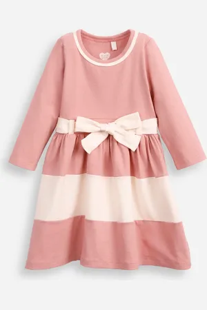 C&A Vestido infantil de algodão manga longa com faixa listrado rosa