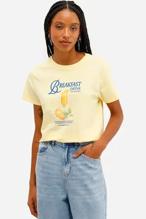C&A Camiseta feminina de algodão breakfast drink amarela