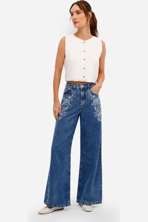 C&A Calça wide leg feminina jeans bordado floral azul