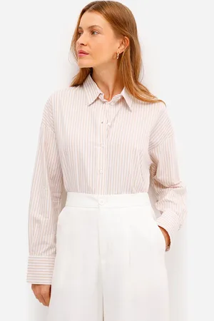 C&A Camisa oversized feminina de algodão listrada bege