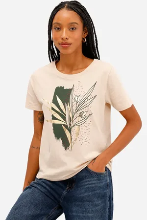 C&A Camiseta feminina de algodão folhagem metalizada bege