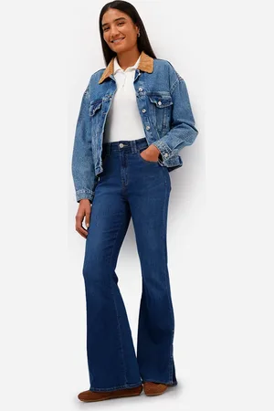 C&A Calça flare feminina jeans com fendas azul