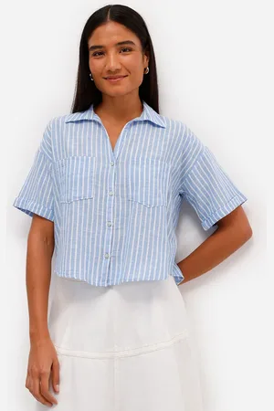 C&A Camisa feminina de algodão manga curta com bolsos listrada azul