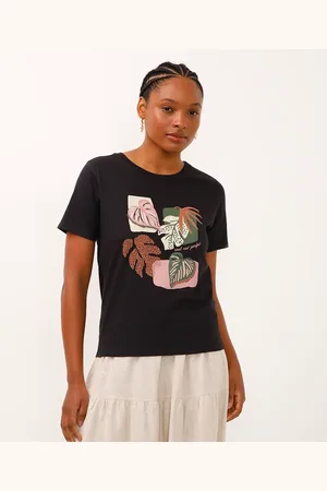 C&A Camiseta de algodão folhagem real not perfect preta