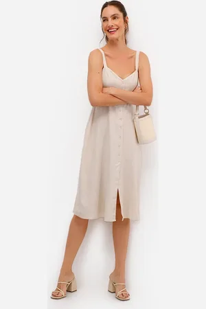 C&A Vestido midi evasê feminino com linho bege