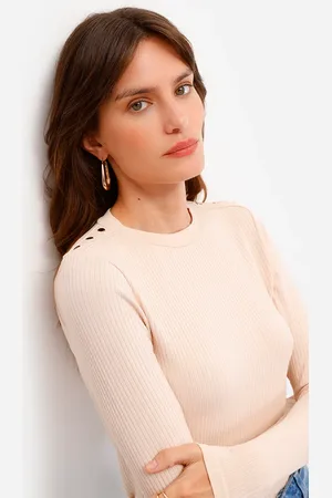 C&A Blusa feminina de viscose manga longa canelada bege