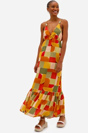 C&A Vestido longo feminino de viscose decote v geométrico amarelo