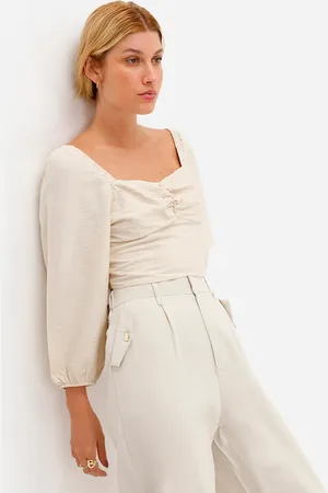 C&A Cropped feminino de viscose manga bufante texturizado bege