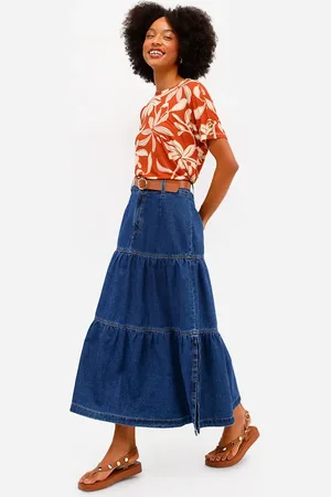 C&A Saia midi feminina jeans com recortes azul
