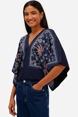 C&A Bata feminina de viscose decote v folhagens azul
