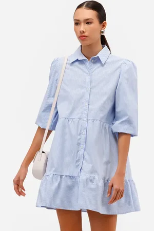 C&A Vestido chemise curto de algodão listrado manga bufante azul