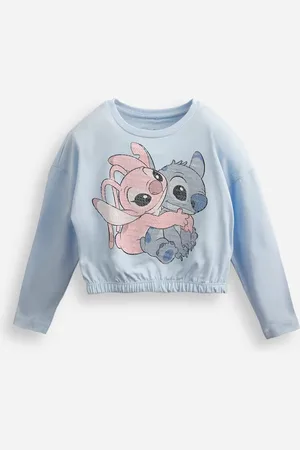 C&A Blusa de algodão infantil manga longa com paetê stitch e angel azul