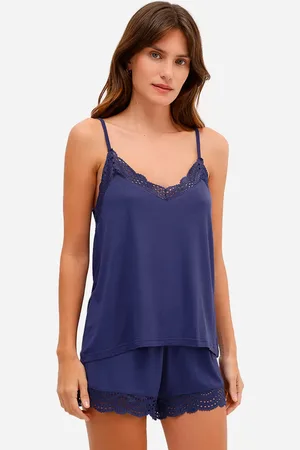 C&A Pijama short doll feminino de viscose com renda azul