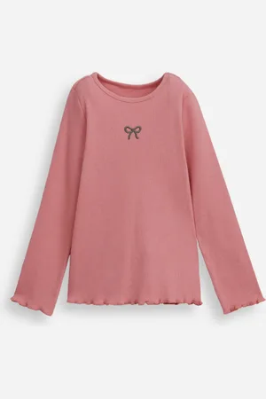 C&A Blusa de algodão infantil com lacinho e fru fru canelada rosa
