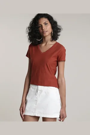 C&A Camiseta Flamê de Algodão Básica Manga Curta Decote V Cobre