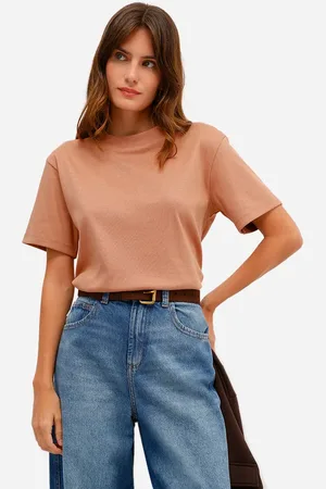 C&A Camiseta feminina de algodão peruano manga curta marrom