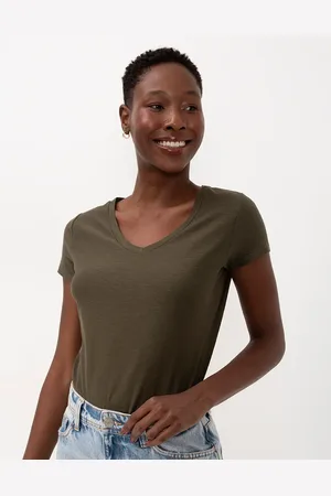 C&A Camiseta Flamê de Algodão Básica Manga Curta Decote V Militar