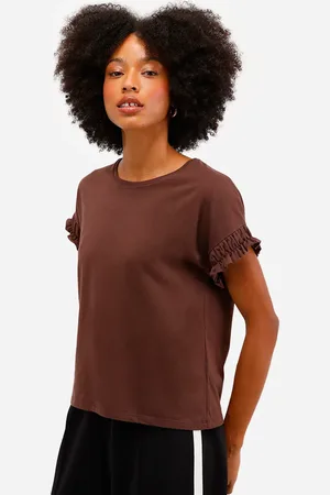 C&A Camiseta feminina de algodão manga curta com fru fru
