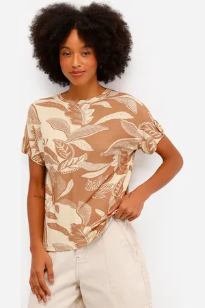 C&A Blusa feminina de viscose manga curta folhagem bege