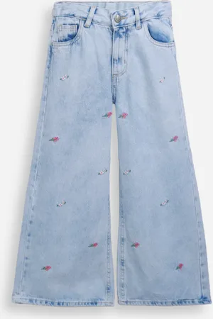 C&A Calça wide leg infantil jeans floral azul
