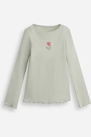 C&A Blusa infantil de algodão manga longa com bordado canelada verde