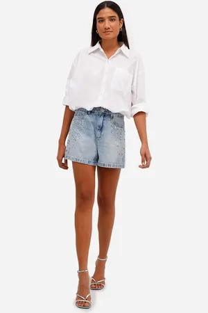 C&A Short mom feminino jeans com brilhos azul