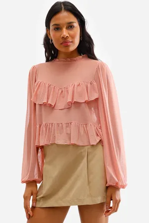 C&A Bata feminina de tule manga bufante com babados rosa