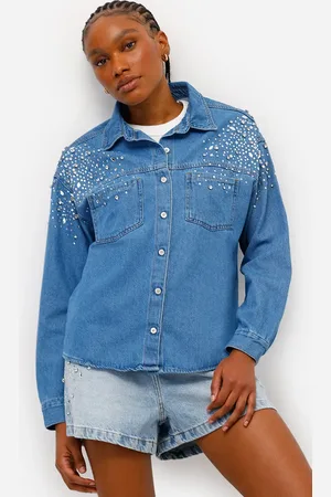 C&A Camisa jeans feminina com brilhos manga longa azul