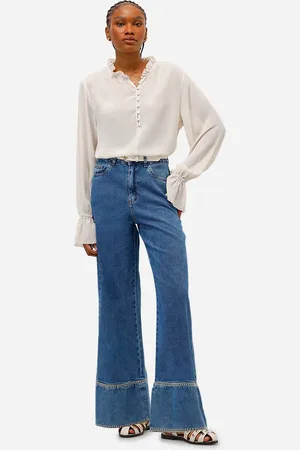 C&A Calça wide leg feminina jeans com bordados azul