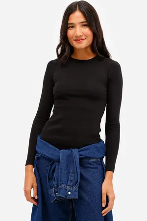 C&A Blusa feminina de algodão manga longa canelada preta