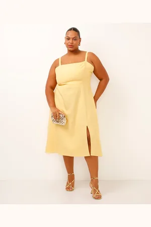 C&A Vestido midi com linho e fenda plus size amarelo