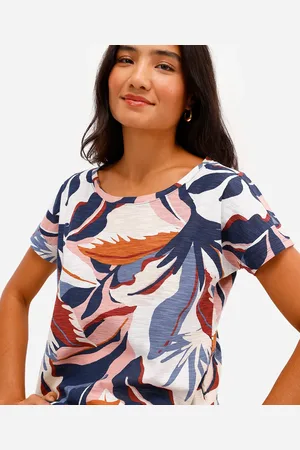 C&A Blusa feminina de algodão manga curta folhagens azul