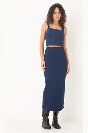 C&A Saia jeans midi cintura alta com fenda azul