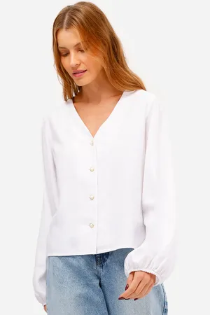 C&A Camisa feminina de viscose manga bufante decote v
