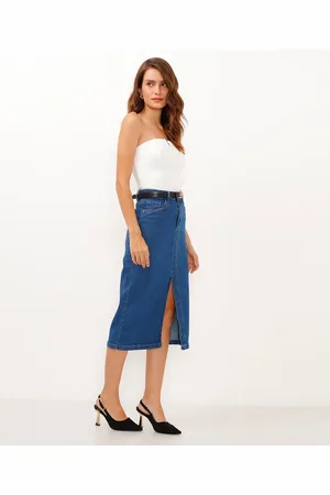 C&A Saia jeans lápis cintura super alta com fenda azul