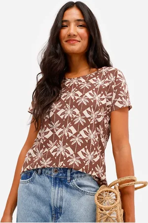 C&A Blusa feminina de algodão manga curta folhagens bege